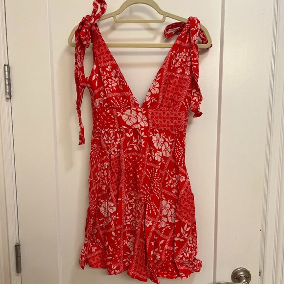 NWT House of Harlow Red Floral Linen-Blend Dress with Tie Sleeves - Picture 1 of 3
